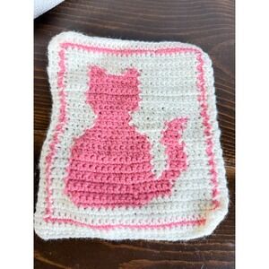 VTG Crochet Cat, Hot Pad, Coaster, Pink and White, Handmade, Animal Lover Gift
